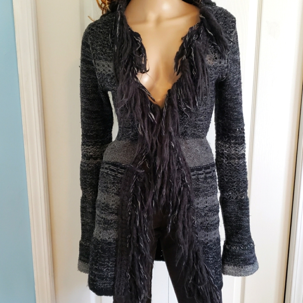 Free People Gray Black Knit Open Cardigan with Fringe Trim